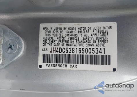 2006 Acura Rsx из США, поврежденный, VIN JH4DC53816S005341